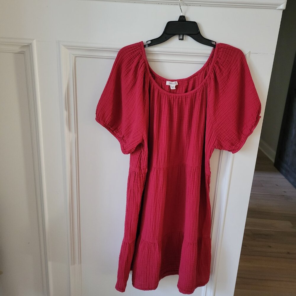 Beach Lunch Lounge 100% Cotton Raspberry  Red Tiered Puff Sleeve Dress XXL Boho